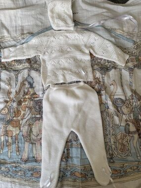 White Knit Baby Sweater and Footed Pants Set